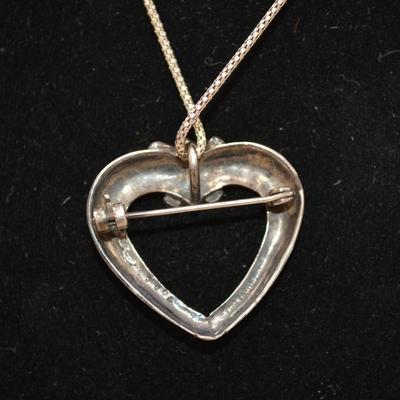925 Sterling Cube Chain w/ 925 Heart & Marcasite Brooch/Pendant 16â€ 10.1g