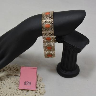 Vintage 60â€™s Filigree Sterling Bracelet w/ Mediterranean Coral 7â€ 29.6g