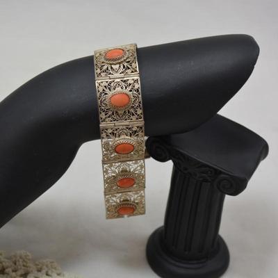 Vintage 60â€™s Filigree Sterling Bracelet w/ Mediterranean Coral 7â€ 29.6g