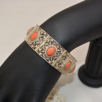 Vintage 60â€™s Filigree Sterling Bracelet w/ Mediterranean Coral 7â€ 29.6g