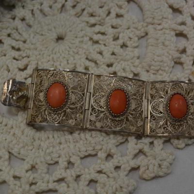 Vintage 60â€™s Filigree Sterling Bracelet w/ Mediterranean Coral 7â€ 29.6g