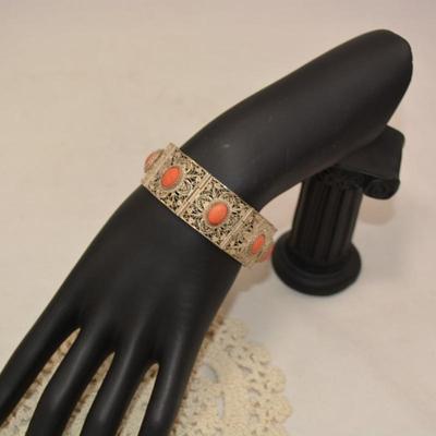 Vintage 60â€™s Filigree Sterling Bracelet w/ Mediterranean Coral 7â€ 29.6g