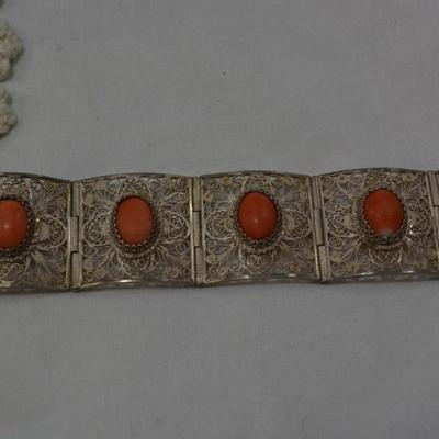 Vintage 60â€™s Filigree Sterling Bracelet w/ Mediterranean Coral 7â€ 29.6g
