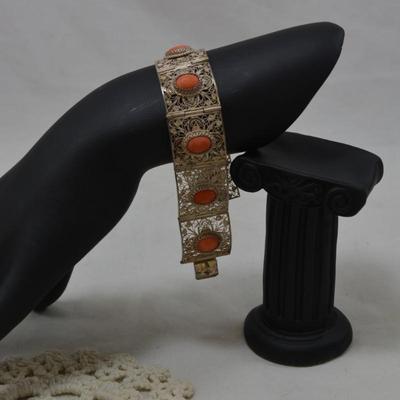 Vintage 60â€™s Filigree Sterling Bracelet w/ Mediterranean Coral 7â€ 29.6g