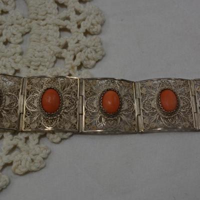 Vintage 60â€™s Filigree Sterling Bracelet w/ Mediterranean Coral 7â€ 29.6g