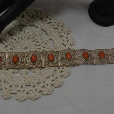 Vintage 60â€™s Filigree Sterling Bracelet w/ Mediterranean Coral 7â€ 29.6g