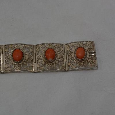Vintage 60â€™s Filigree Sterling Bracelet w/ Mediterranean Coral 7â€ 29.6g