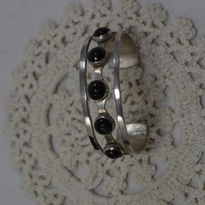 Vintage 925 Sterling & Onyx Cuff Bracelet 30.1g