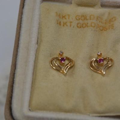 14k Gold Filled Heart Earrings, 14k Posts w/ Ruby, Diamond Chips 1.2g