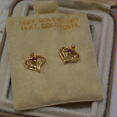 14k Gold Filled Heart Earrings, 14k Posts w/ Ruby, Diamond Chips 1.2g