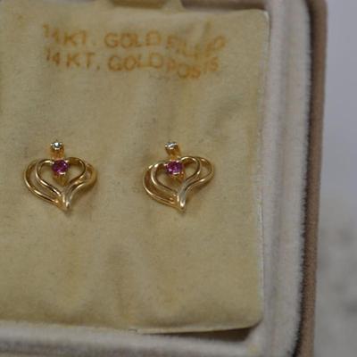 14k Gold Filled Heart Earrings, 14k Posts w/ Ruby, Diamond Chips 1.2g