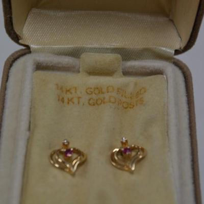 14k Gold Filled Heart Earrings, 14k Posts w/ Ruby, Diamond Chips 1.2g