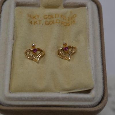 14k Gold Filled Heart Earrings, 14k Posts w/ Ruby, Diamond Chips 1.2g
