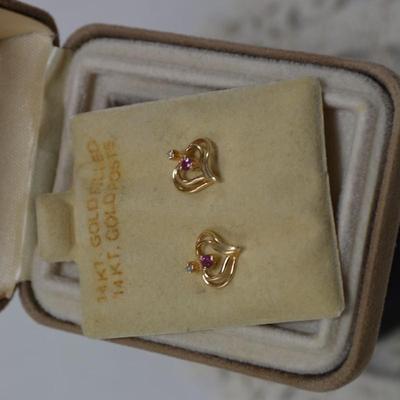 14k Gold Filled Heart Earrings, 14k Posts w/ Ruby, Diamond Chips 1.2g