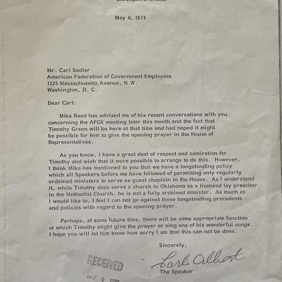 Former Speaker of the United States House of Representatives Carl Albert
signed letter
