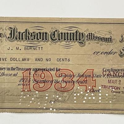 1934 Jackson County Missouri signed check