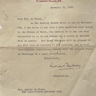 Comptroller and Treasurer to the Prince of Wales Lionel Halsey signed 1929 letter