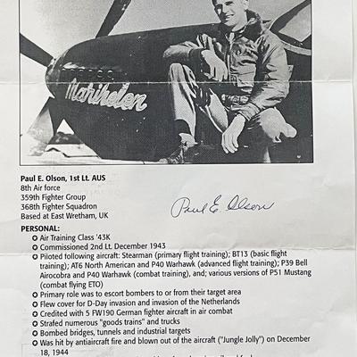 WWII 1st Lieutenant, U.S. Army Air Forces Lt. Paul E. Olson signed bio sheet
