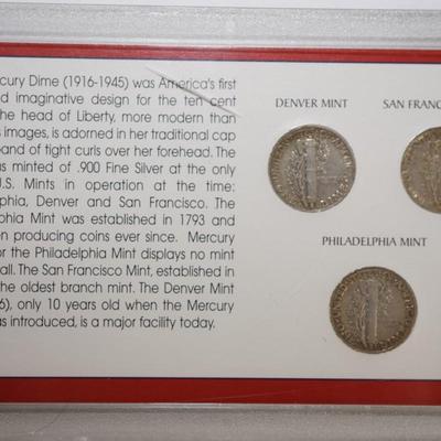 SILVER MERCURY DIMEs 1942 MINT MARK COLLECTION. THREE DIMES IN PLASTIC CASE
