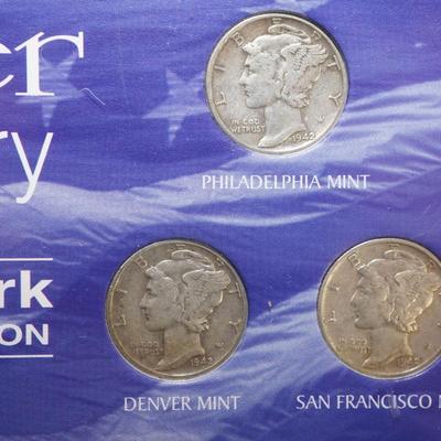 SILVER MERCURY DIMEs 1942 MINT MARK COLLECTION. THREE DIMES IN PLASTIC CASE