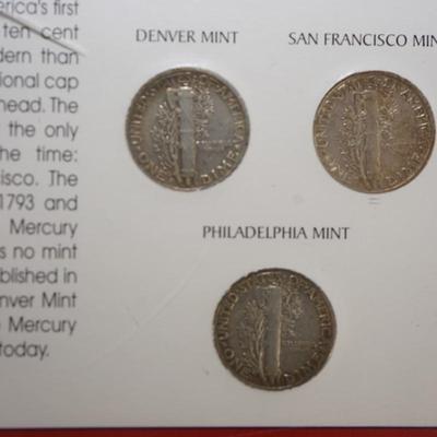 SILVER MERCURY DIMEs 1942 MINT MARK COLLECTION. THREE DIMES IN PLASTIC CASE