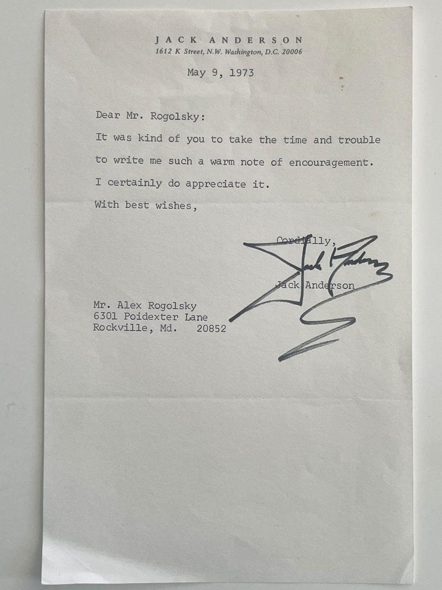 Newspaper columnist Jack Anderson signed note
