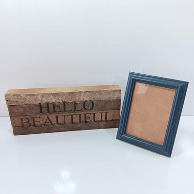 Wooden slat wall sign " Hello Beautiful" with a blue picture frame for the Beautiful's picture