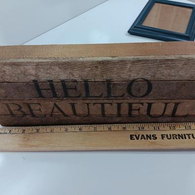 Wooden slat wall sign " Hello Beautiful" with a blue picture frame for the Beautiful's picture