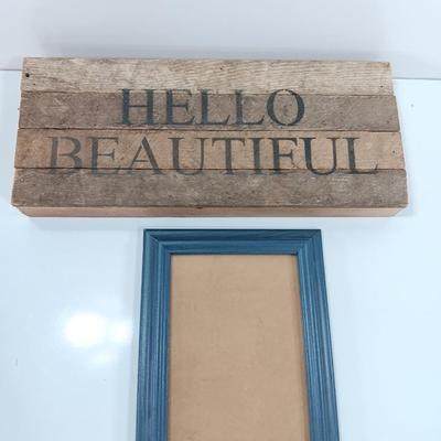 Wooden slat wall sign " Hello Beautiful" with a blue picture frame for the Beautiful's picture