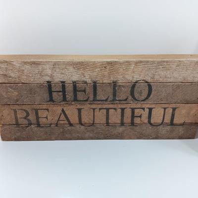 Wooden slat wall sign " Hello Beautiful" with a blue picture frame for the Beautiful's picture