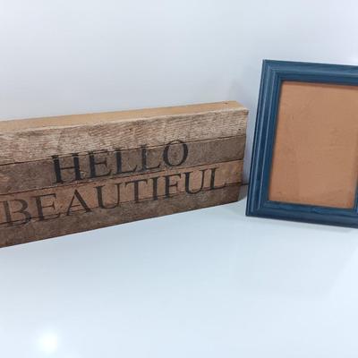 Wooden slat wall sign " Hello Beautiful" with a blue picture frame for the Beautiful's picture