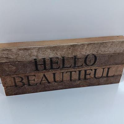 Wooden slat wall sign " Hello Beautiful" with a blue picture frame for the Beautiful's picture