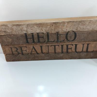 Wooden slat wall sign " Hello Beautiful" with a blue picture frame for the Beautiful's picture