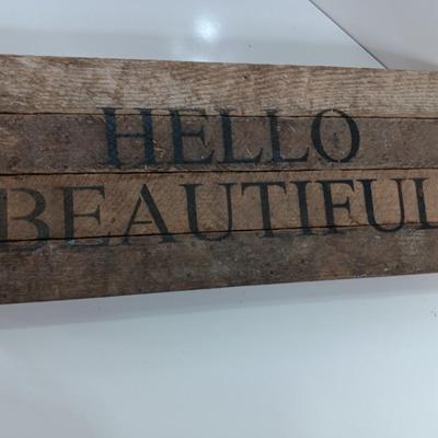 Wooden slat wall sign " Hello Beautiful" with a blue picture frame for the Beautiful's picture