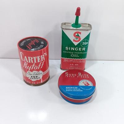 Vintage metal tins - Carter's Rytoff- Singer oil and Sure Rite inked ribbon Denver Colorado