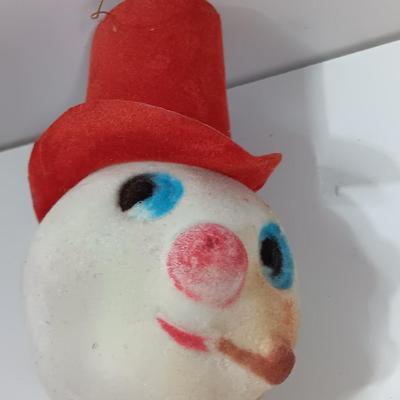 Christmas flocked snowman head with cigar Creations Corp. 1971 Hong Kong