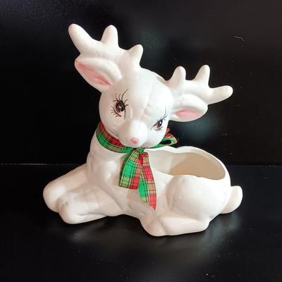 White Ceramic Deer Reindeer Planter, Figurine - Holiday, Christmas
