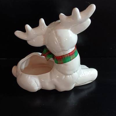 White Ceramic Deer Reindeer Planter, Figurine - Holiday, Christmas