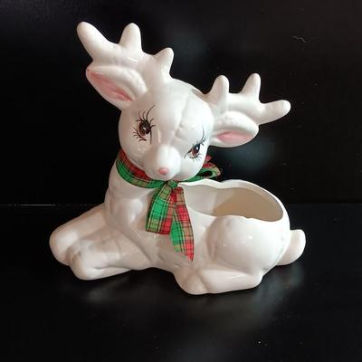 White Ceramic Deer Reindeer Planter, Figurine - Holiday, Christmas