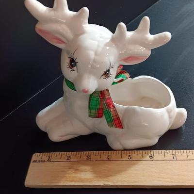 White Ceramic Deer Reindeer Planter, Figurine - Holiday, Christmas