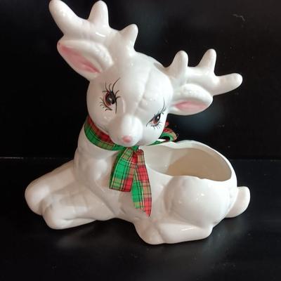 White Ceramic Deer Reindeer Planter, Figurine - Holiday, Christmas