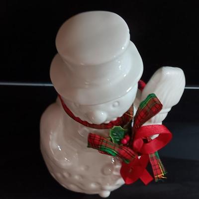 Flambro Ceramic Snowman With Broom Ribbons Holly Leaves and Berries