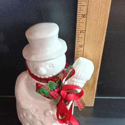 Flambro Ceramic Snowman With Broom Ribbons Holly Leaves and Berries
