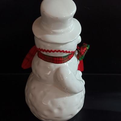Flambro Ceramic Snowman With Broom Ribbons Holly Leaves and Berries