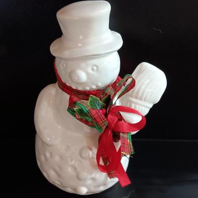 Flambro Ceramic Snowman With Broom Ribbons Holly Leaves and Berries