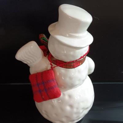 Flambro Ceramic Snowman With Broom Ribbons Holly Leaves and Berries