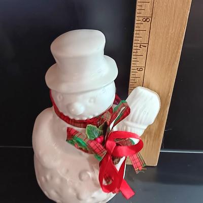 Flambro Ceramic Snowman With Broom Ribbons Holly Leaves and Berries