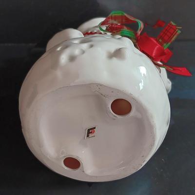 Flambro Ceramic Snowman With Broom Ribbons Holly Leaves and Berries