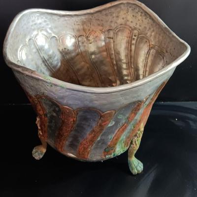 Vintage aluminum and copper claw footed metal planter