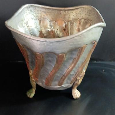 Vintage aluminum and copper claw footed metal planter